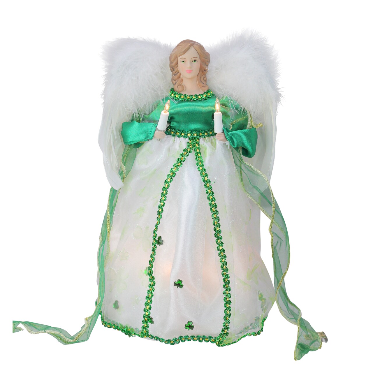 Kurt Adler 12" Green and White Lighted Luck of the Irish Angel Christmas Tree Topper